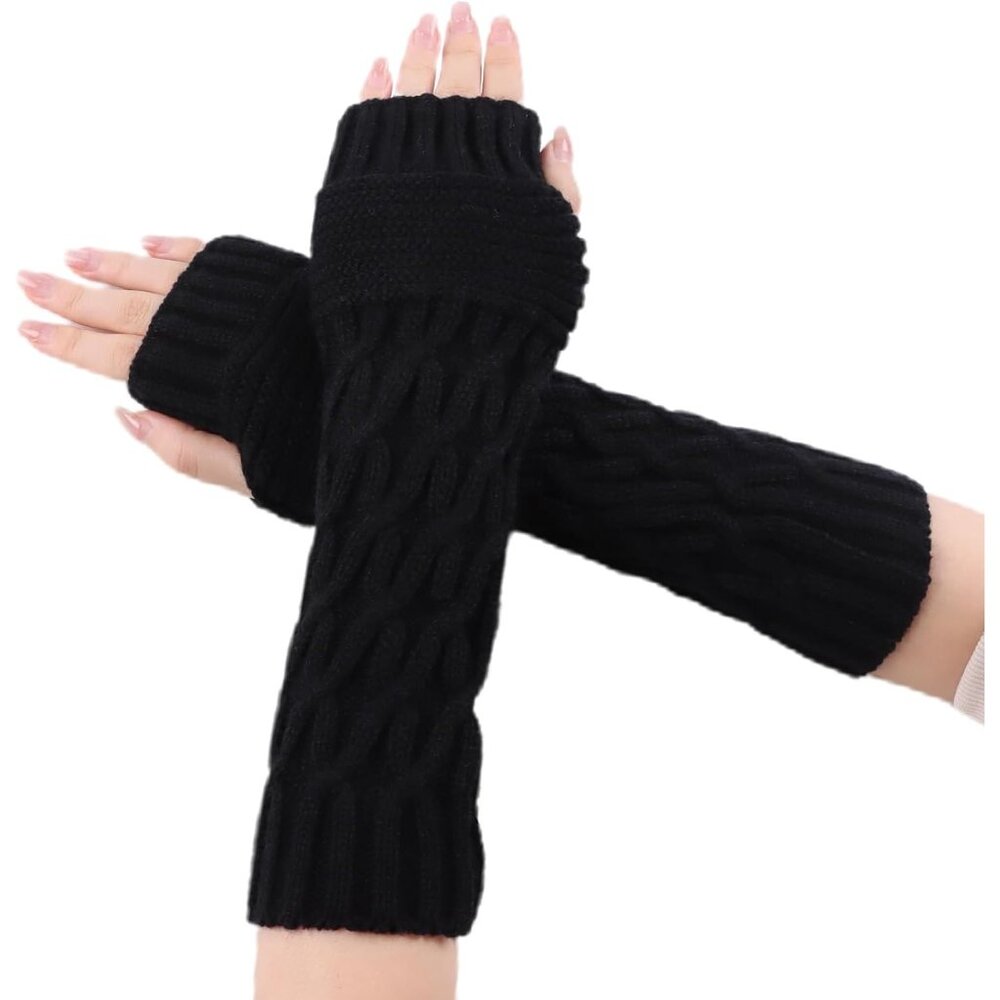 Women's Black Thumb Hole Warm Arm Sleeves Fingerless Knit Wrist Mittens Gloves
